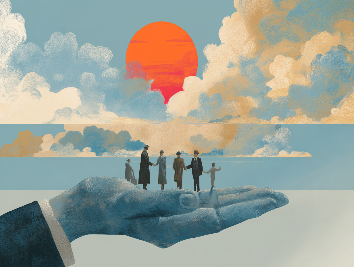 Quatre personnes en costume dans la paume d'une main face à un soleil rouge — illustration de la transmission d'entreprise