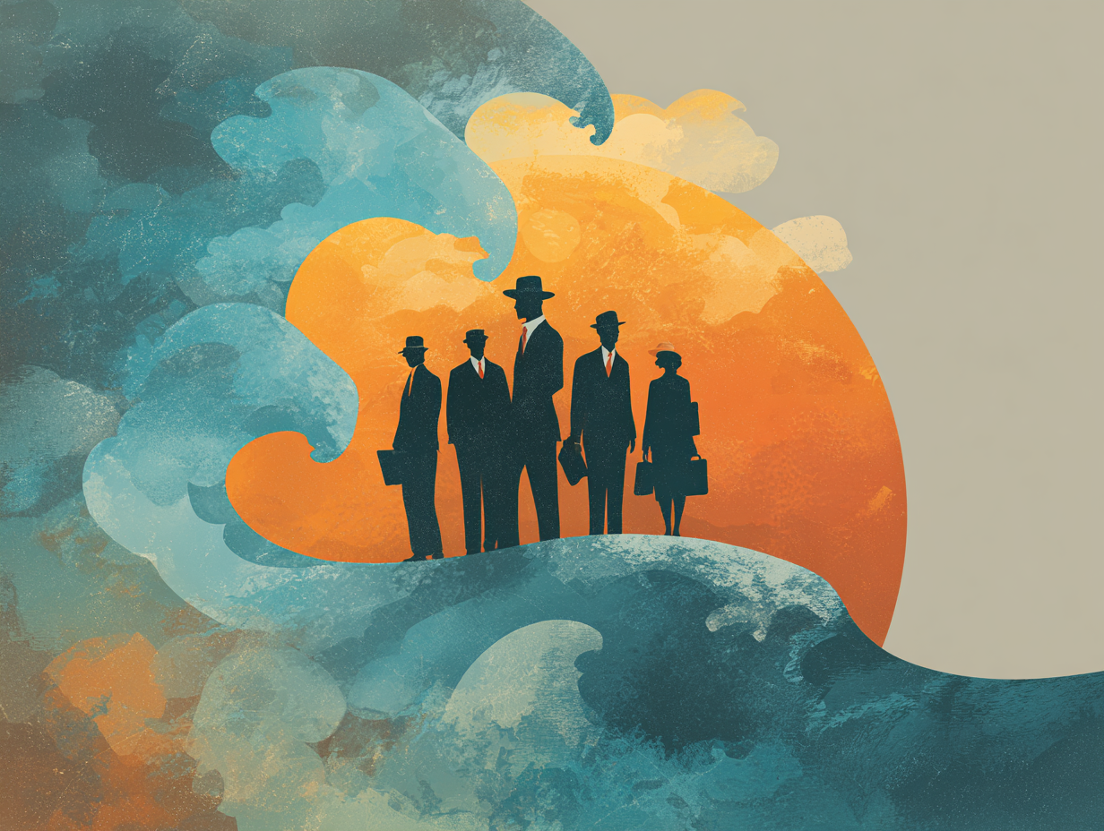 Biblus_explorateurs_Im_envisioning_an_illustration_for_a_prof_583361fc-2ad8-4eb4-8a48-a51529c40397_0 Quatre personnes en costume sur la crête d'une grande vague stylisée — illustration de la dynamique collective