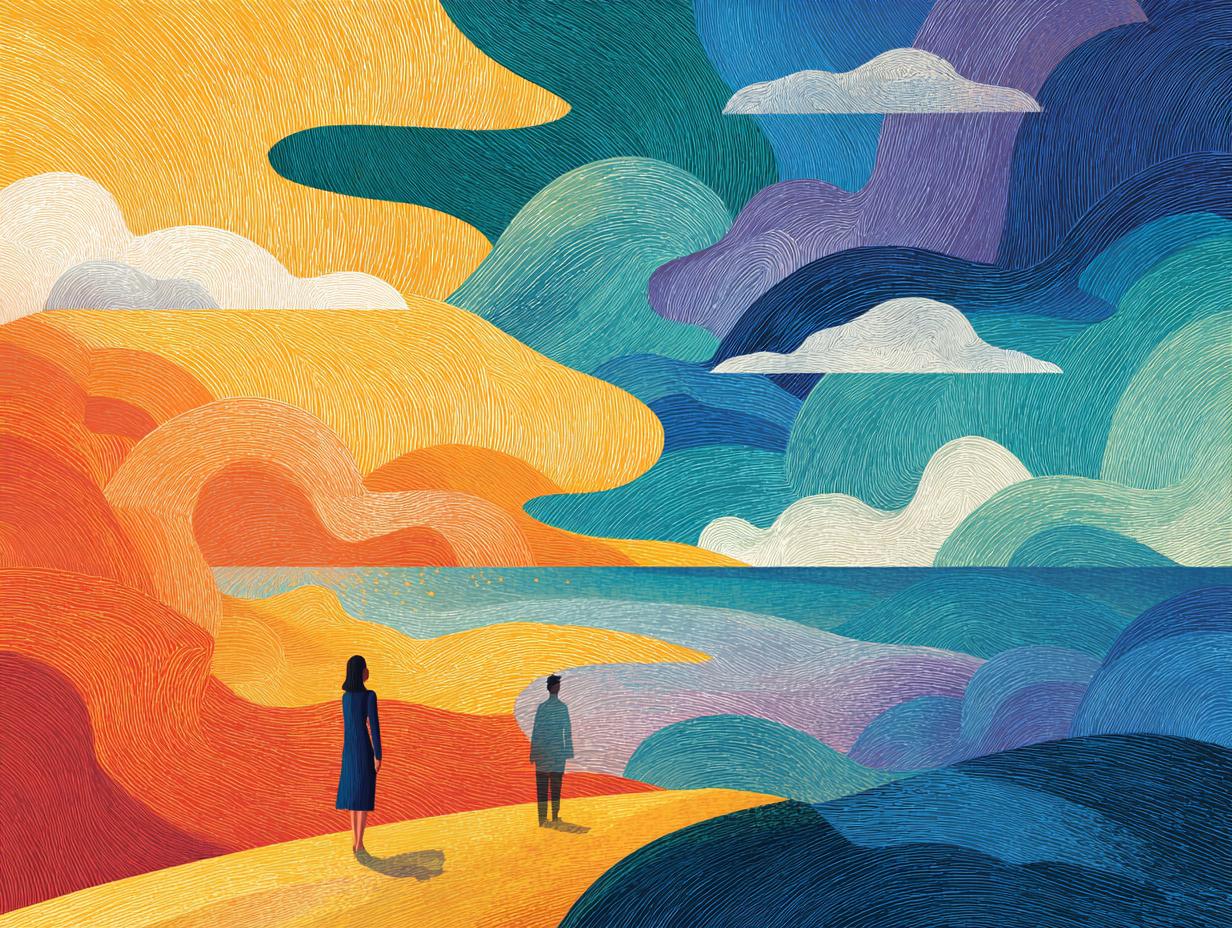 Coaching de binômes Un binôme avançant dans un paysage très coloré