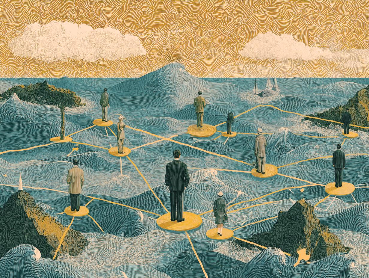 Systèmie Personnage sur une mer vivante reliés entre eux. Montre les liens de la systémie. Tout est lié